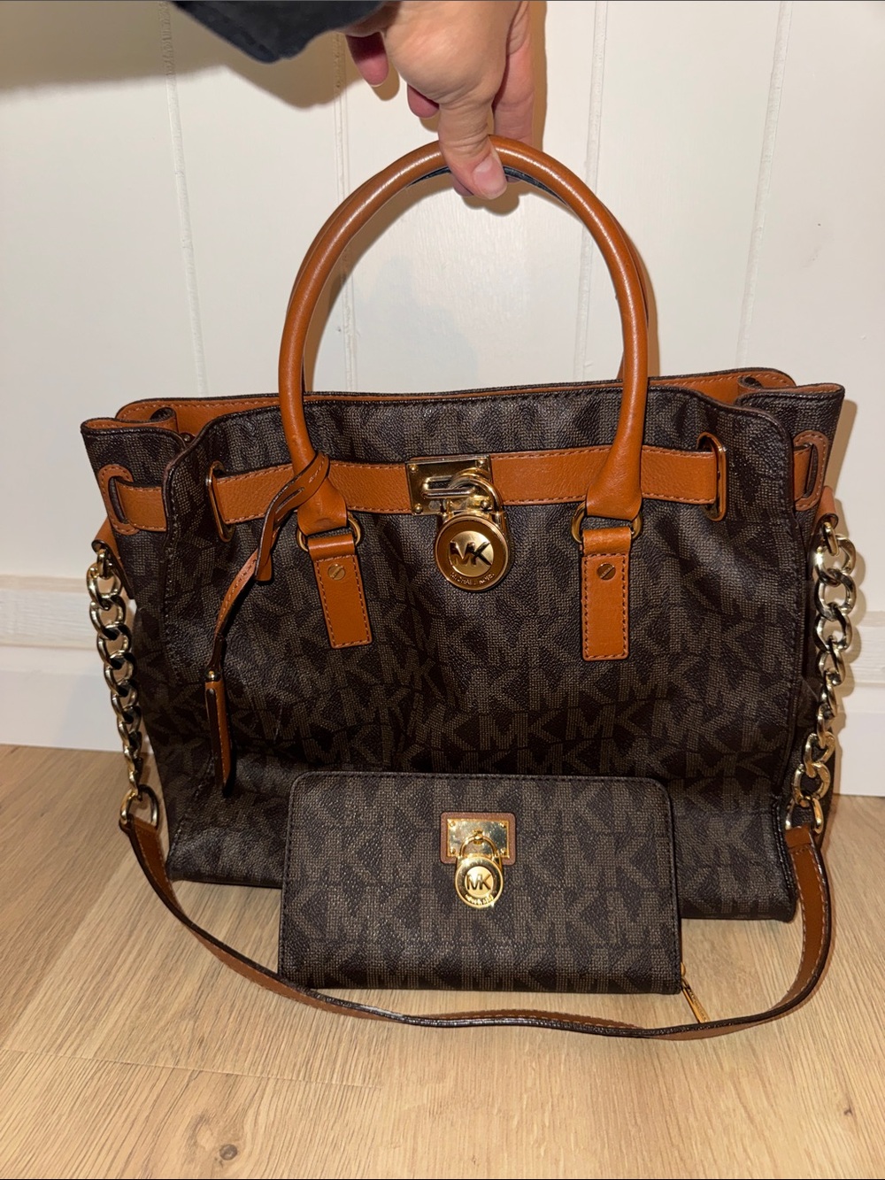 Michael Kors Dark Brown Monogram Tote with Tan Trim and matching wallet